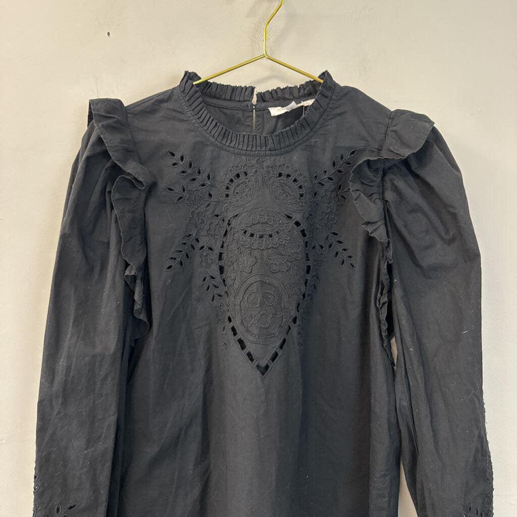 Love The Label Black Embroidered Long Sleeve Ruffle Detail Top Large