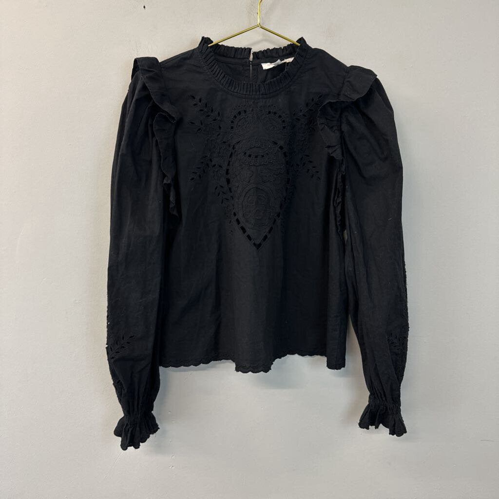 Love The Label Black Embroidered Long Sleeve Ruffle Detail Top Large