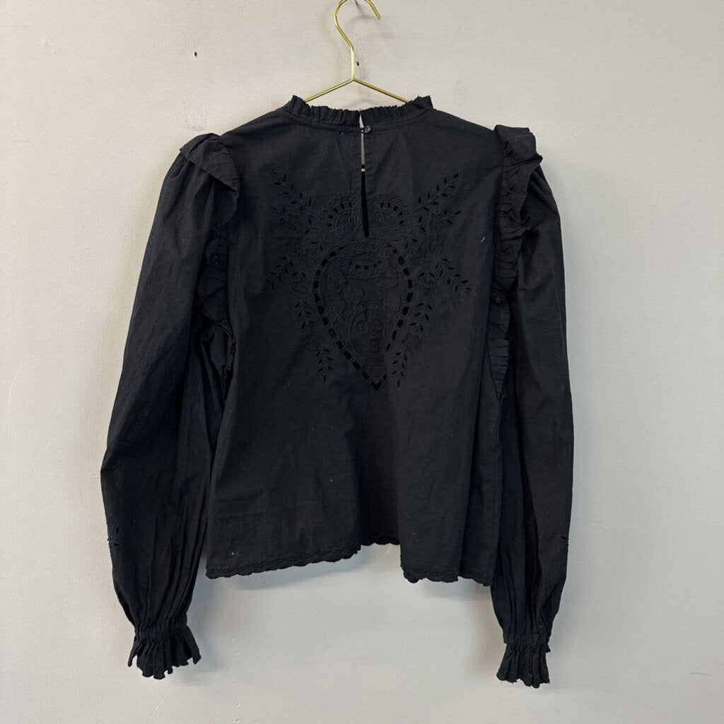 Love The Label Black Embroidered Long Sleeve Ruffle Detail Top Large