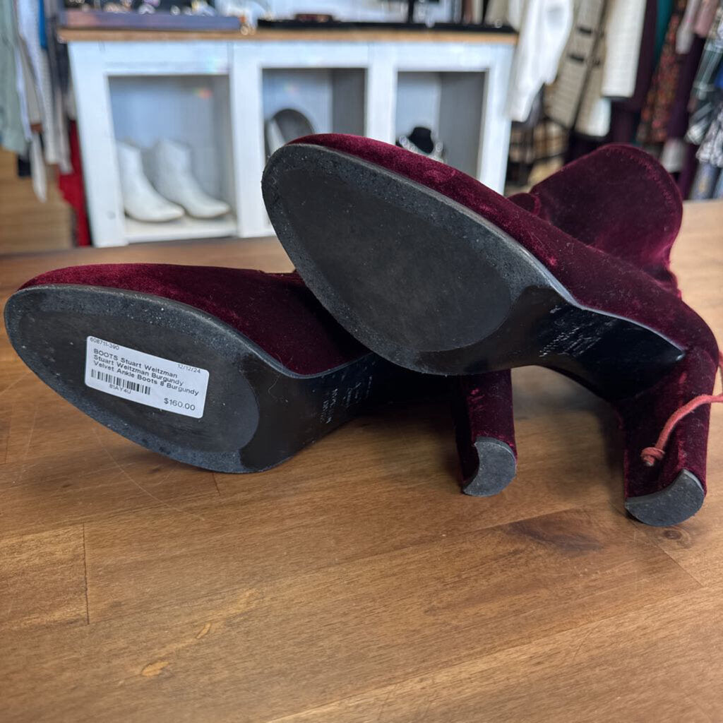 Stuart Weitzman Burgundy Velvet Ankle Boots 8