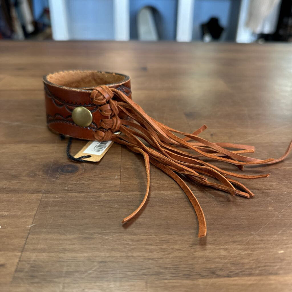 Thick Brown Leather Cuff Bracelet With Fringe