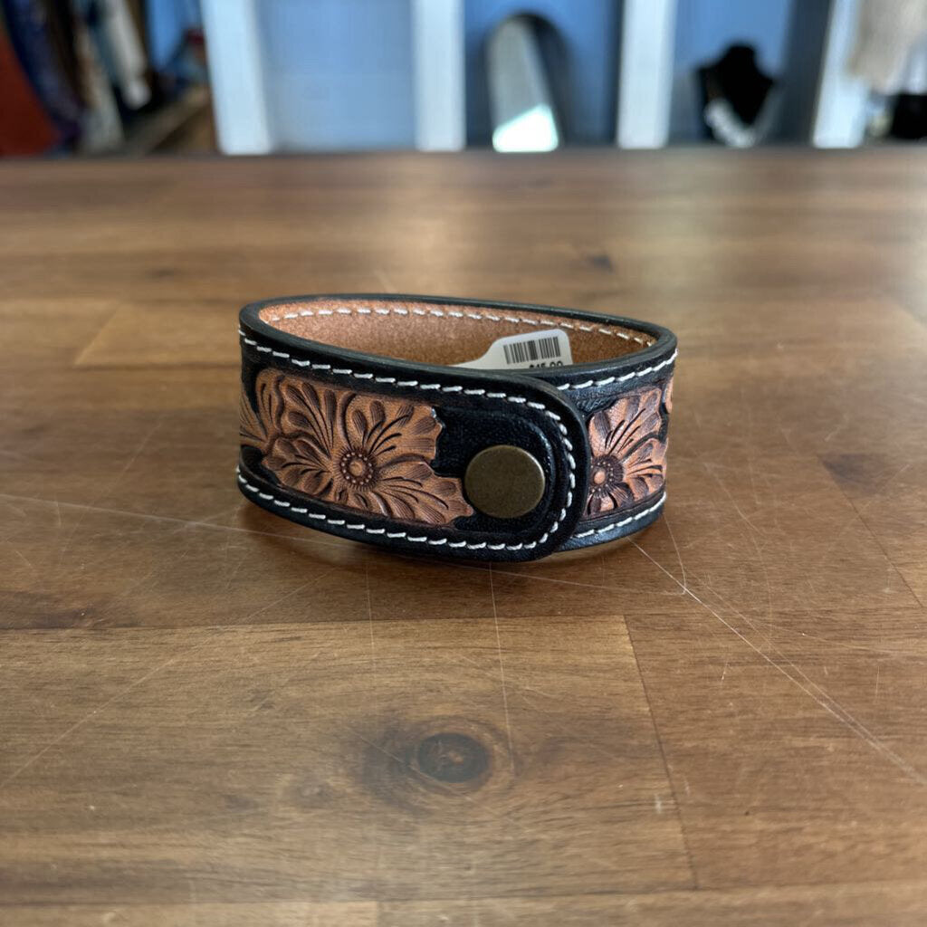 Black/ Brown Embossed Leather Cuff Bracelet