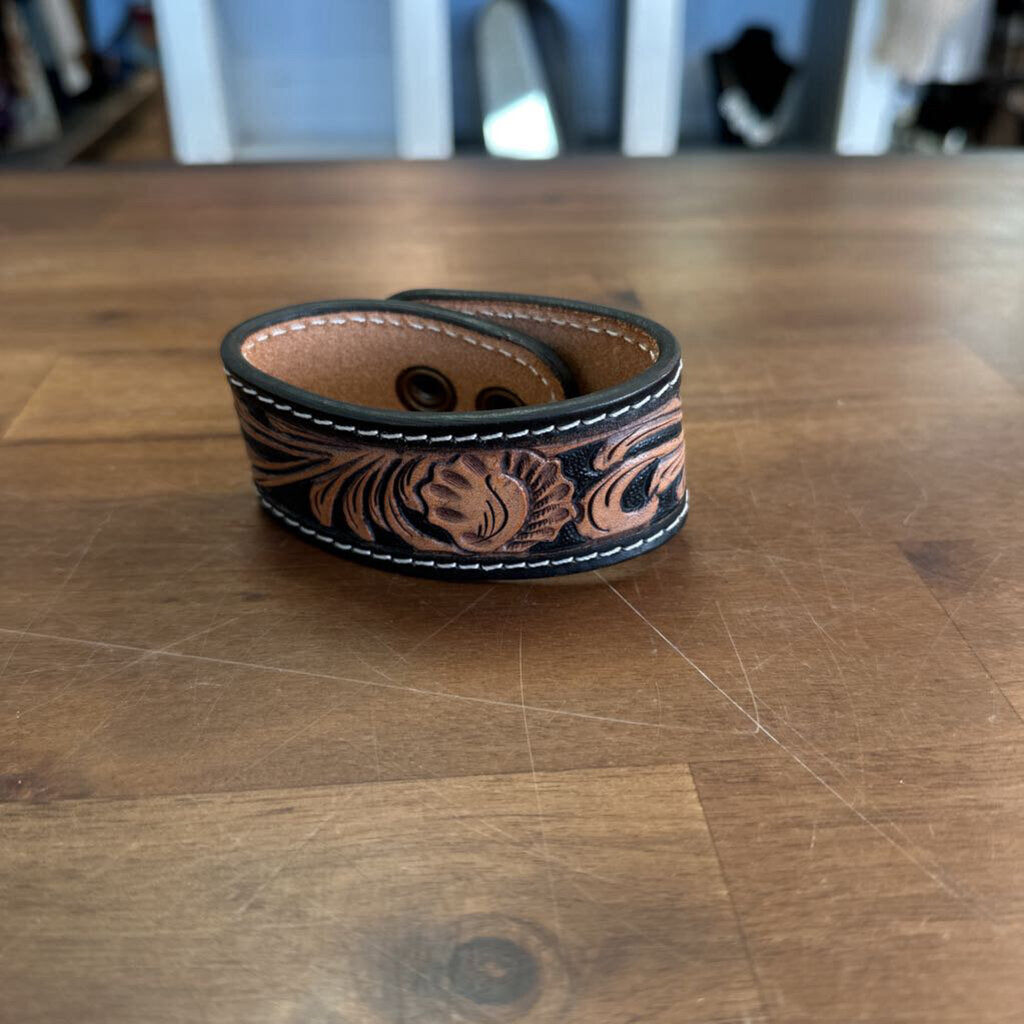 Black/ Brown Embossed Leather Cuff Bracelet