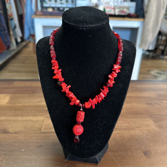 Red Beaded Drop Necklace