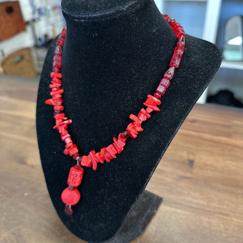 Red Beaded Drop Necklace