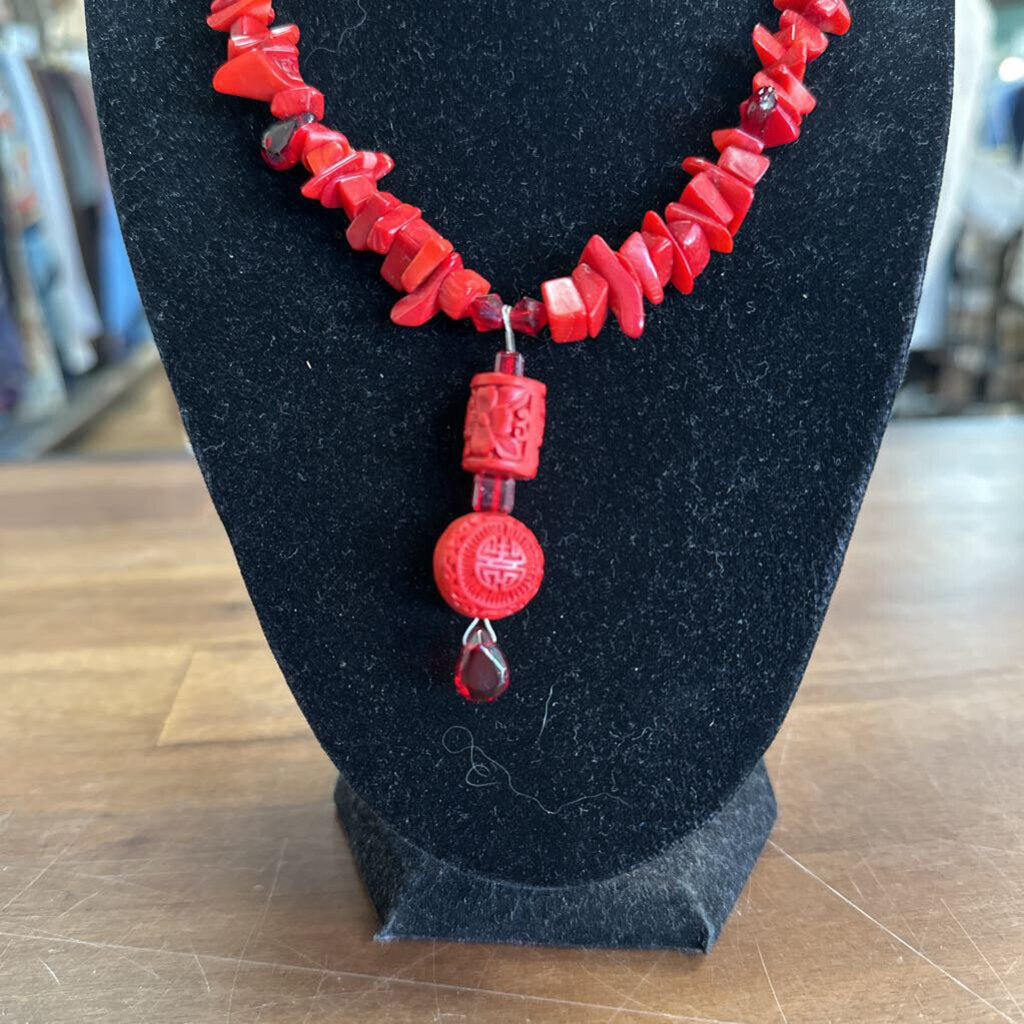 Red Beaded Drop Necklace