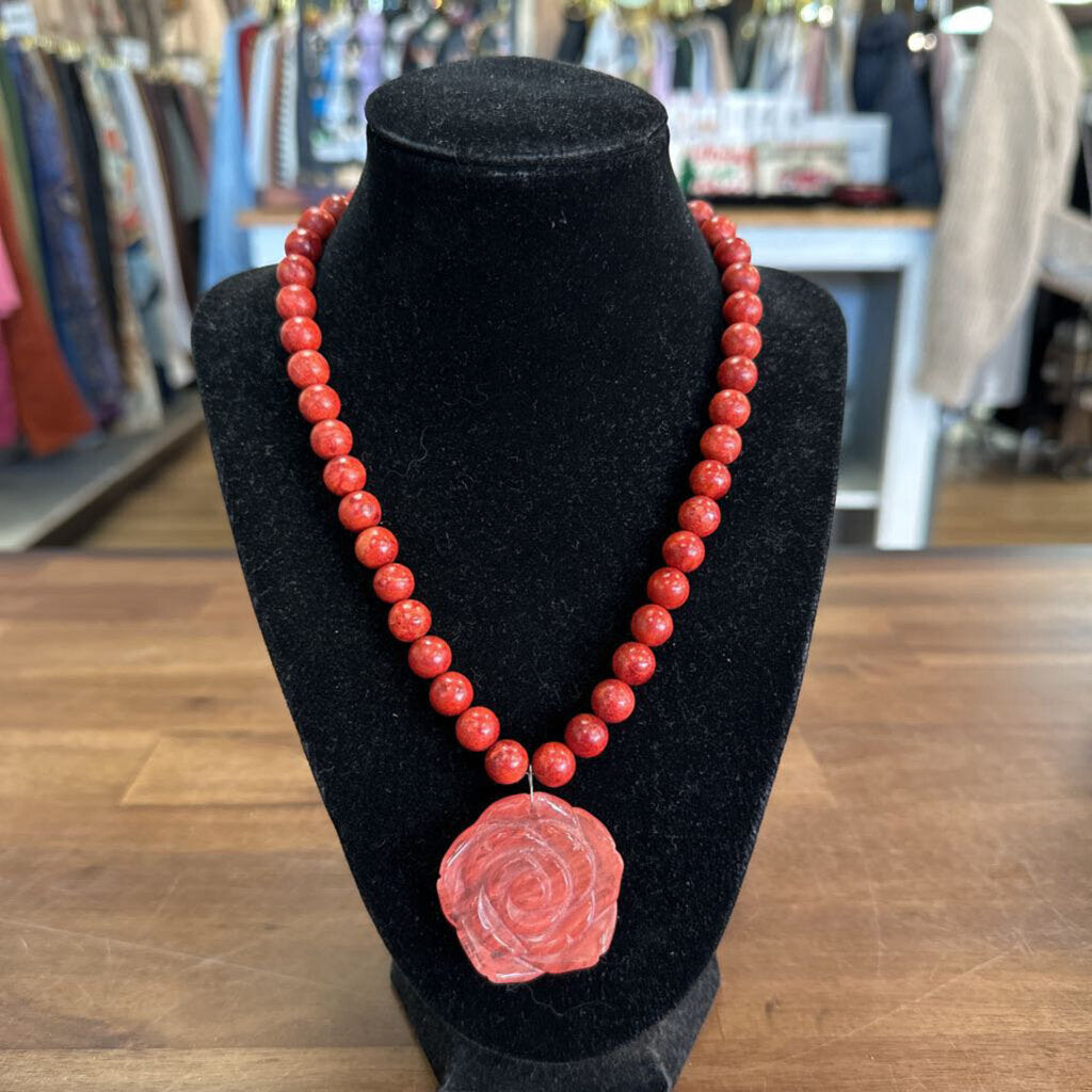 Red Bead/ Stone Rose Pendant Necklace