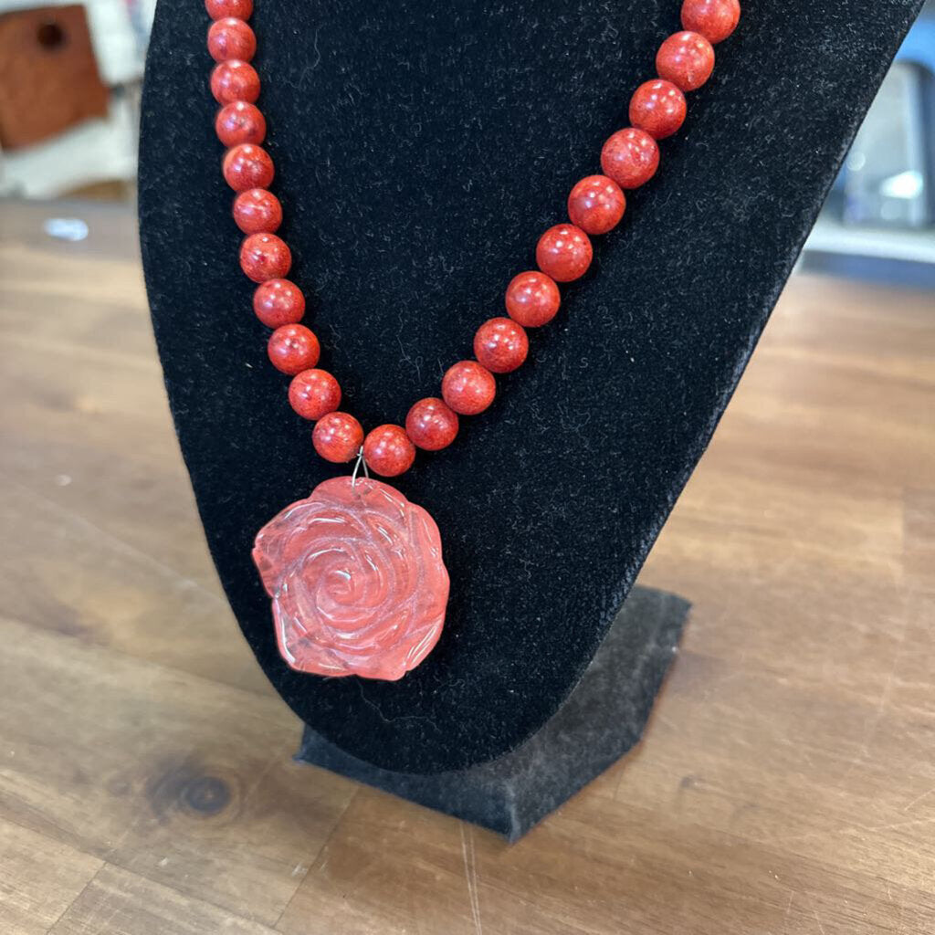 Red Bead/ Stone Rose Pendant Necklace