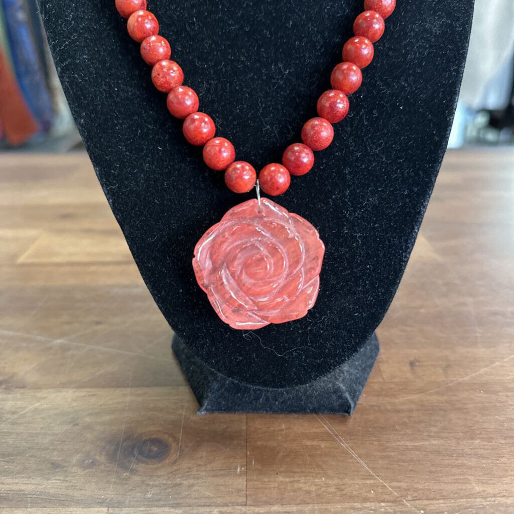 Red Bead/ Stone Rose Pendant Necklace