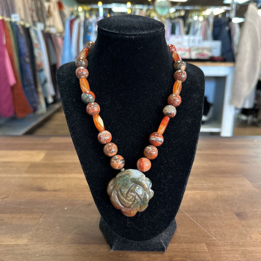 Orange Bead/ Stone Rose Pendant Necklace