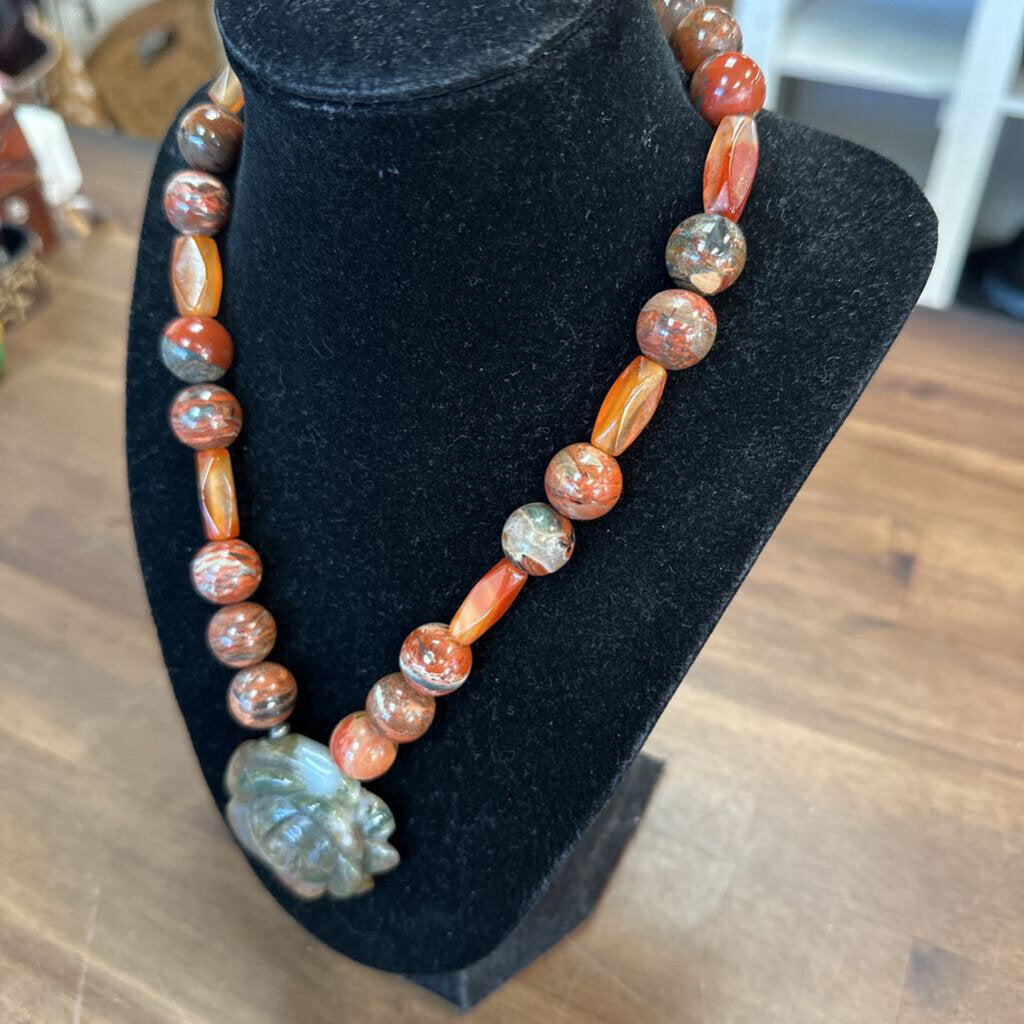 Orange Bead/ Stone Rose Pendant Necklace