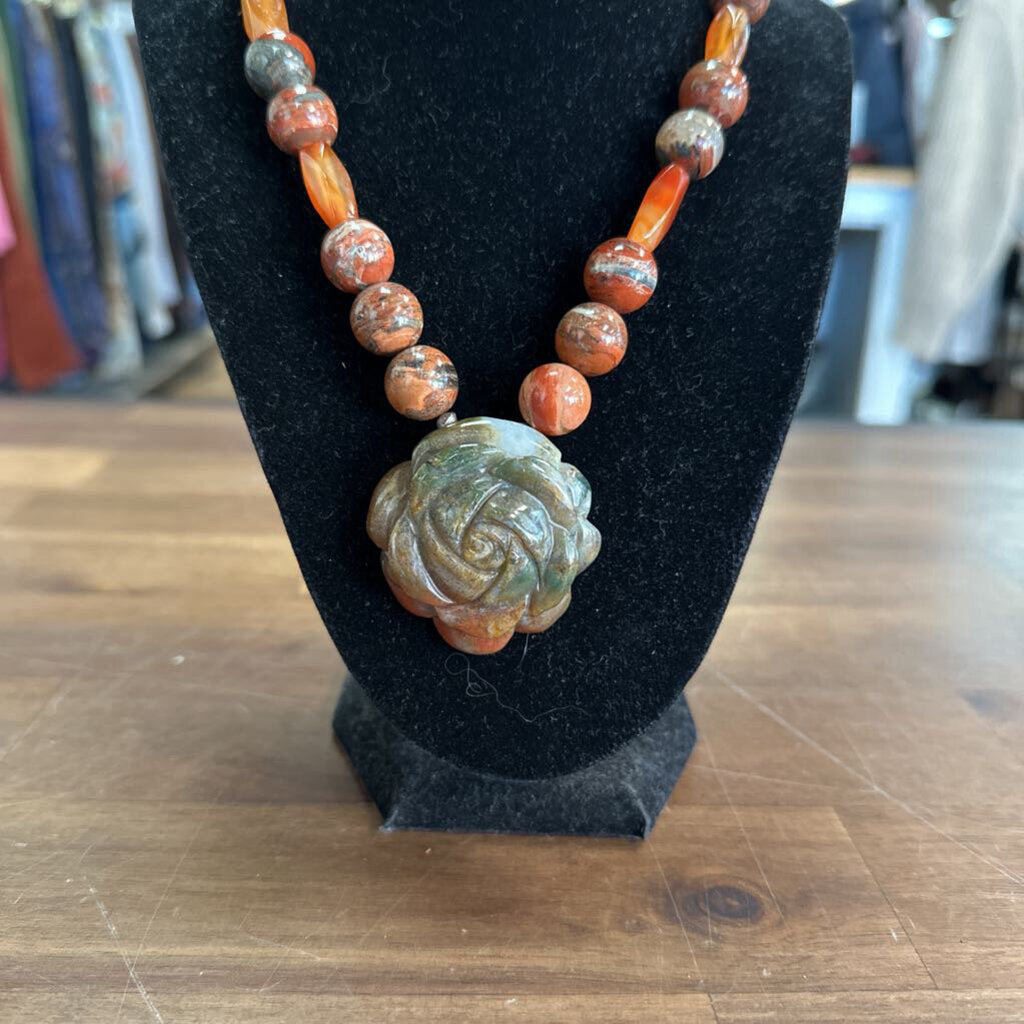 Orange Bead/ Stone Rose Pendant Necklace