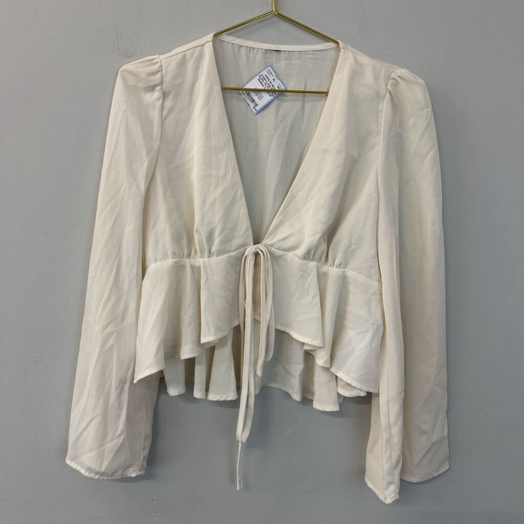 Cream Long Sleeve Ruffle Tie Front Top Medium