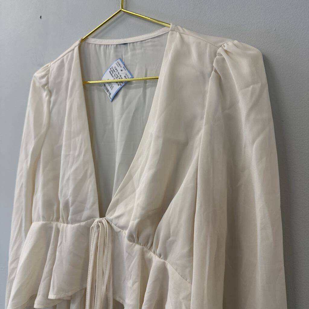 Cream Long Sleeve Ruffle Tie Front Top Medium