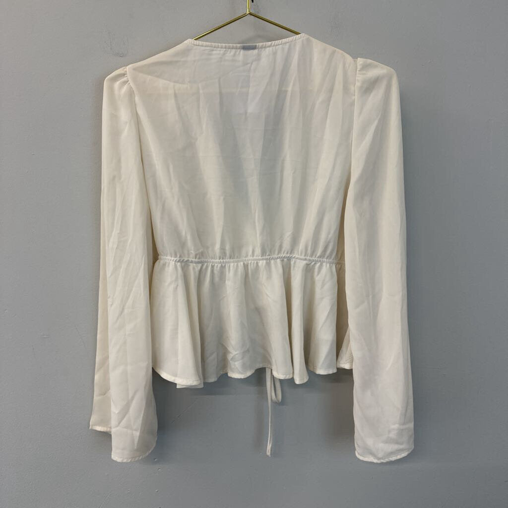 Cream Long Sleeve Ruffle Tie Front Top Medium