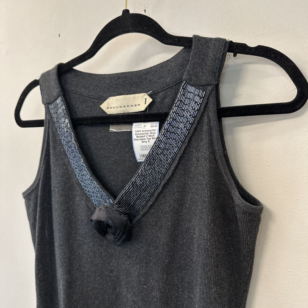 Schumacher Grey Beaded V Neck Sleeveless Top Small