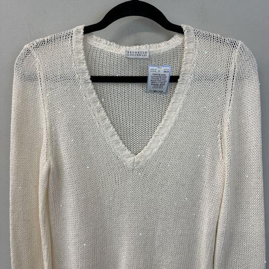 Brunello Cucinelli Cream Sequin Knit Long Sleeve V Neck Sweater Small