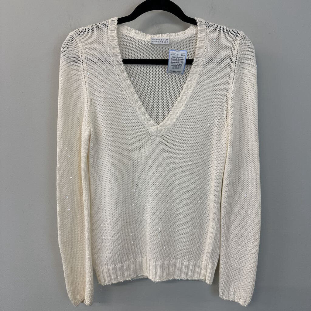 Brunello Cucinelli Cream Sequin Knit Long Sleeve V Neck Sweater Small