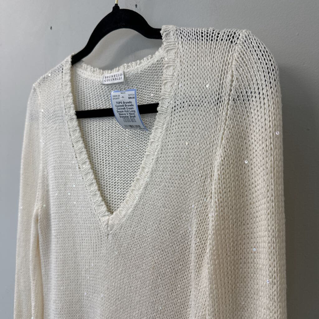 Brunello Cucinelli Cream Sequin Knit Long Sleeve V Neck Sweater Small