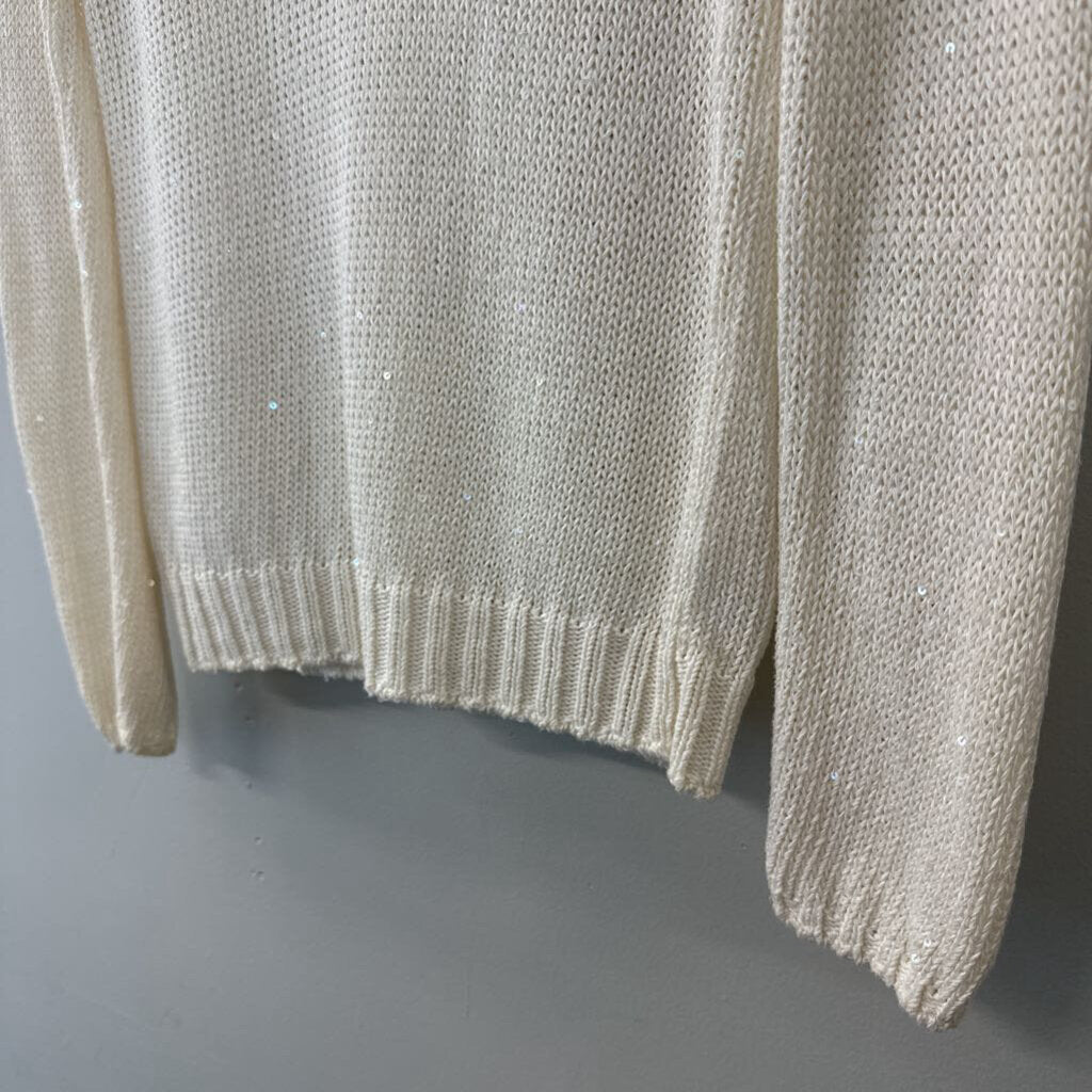 Brunello Cucinelli Cream Sequin Knit Long Sleeve V Neck Sweater Small