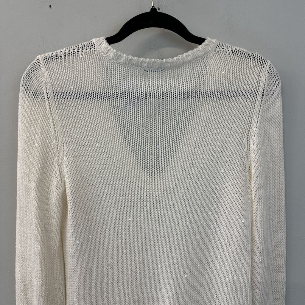 Brunello Cucinelli Cream Sequin Knit Long Sleeve V Neck Sweater Small