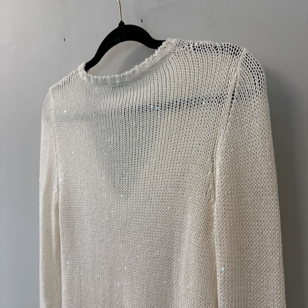 Brunello Cucinelli Cream Sequin Knit Long Sleeve V Neck Sweater Small