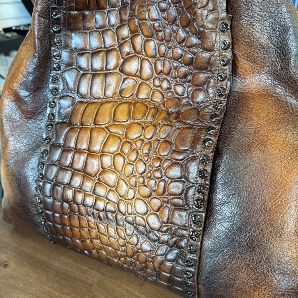 Civico93 Brown Leaahter Crocodile Panel Purse