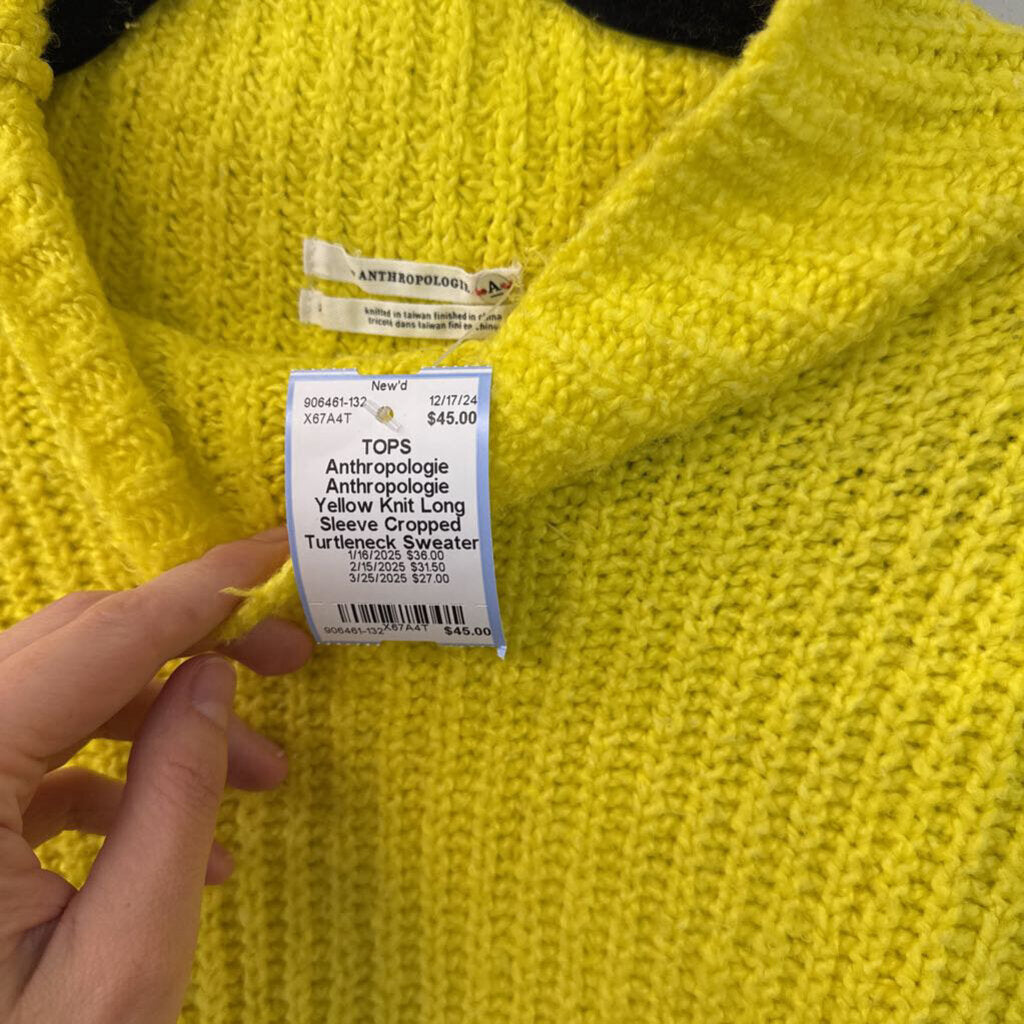 Anthropologie Yellow Knit Long Sleeve Cropped Turtleneck Sweater Extra Small