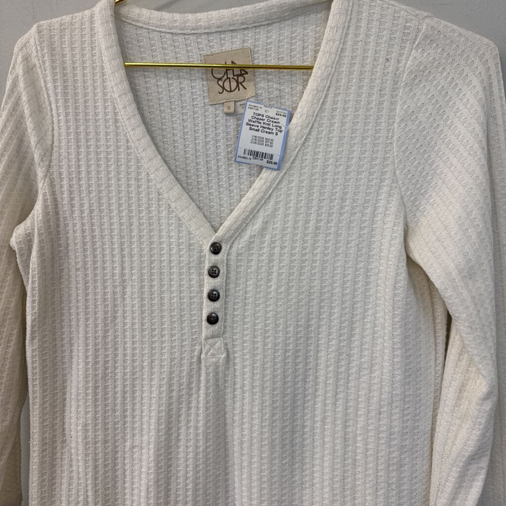 Chaser Cream Waffle Knit Long Sleeve Henley Top Small