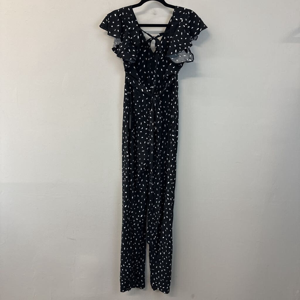 Lulus Black/ White Print Open Back Ruffle Short Sleeve Jumpsuit Small