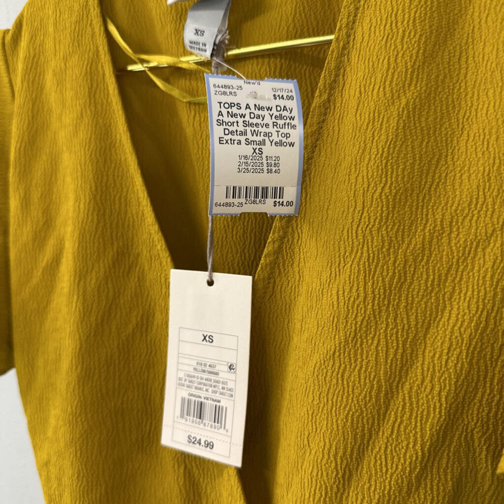 A New Day Yellow Short Sleeve Ruffle Detail Wrap Top Extra Small