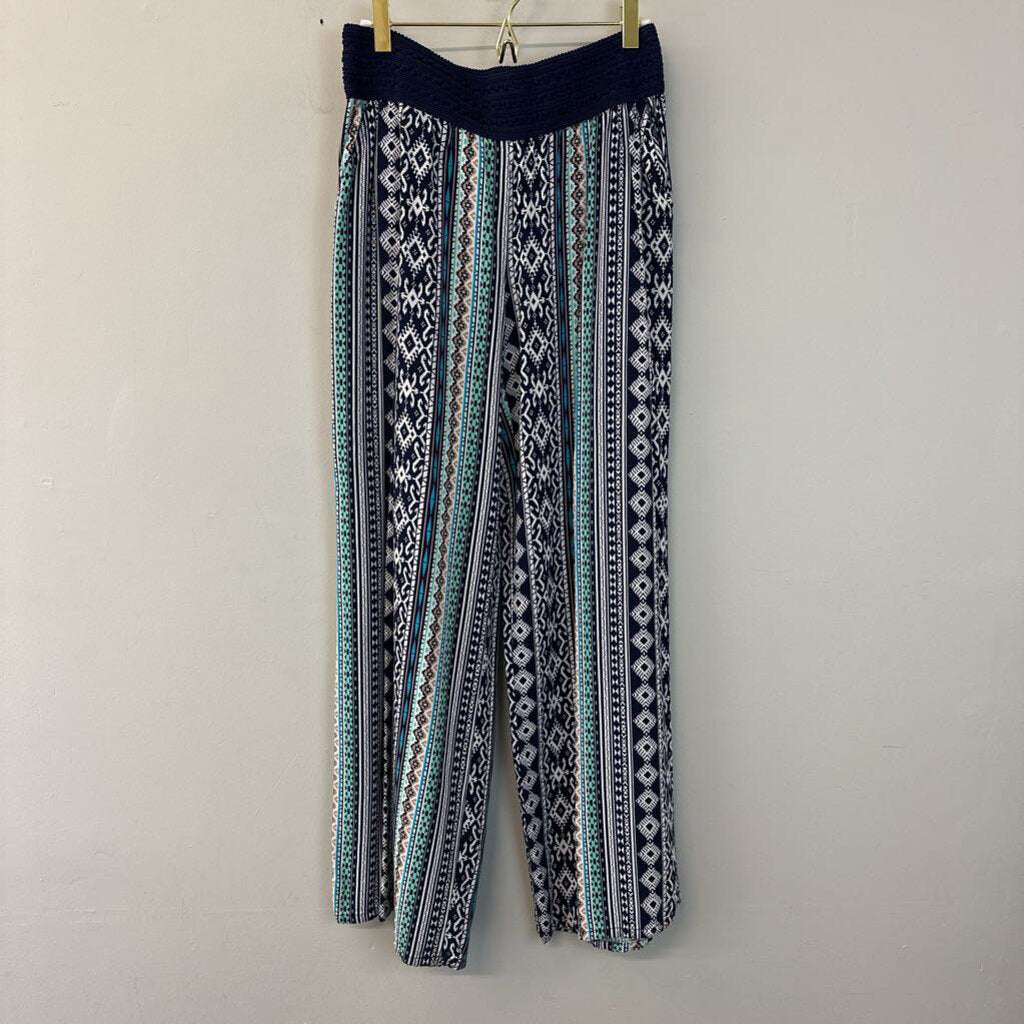 Joe B Navy/ Multi Print Wide Leg Pull On Pants Large