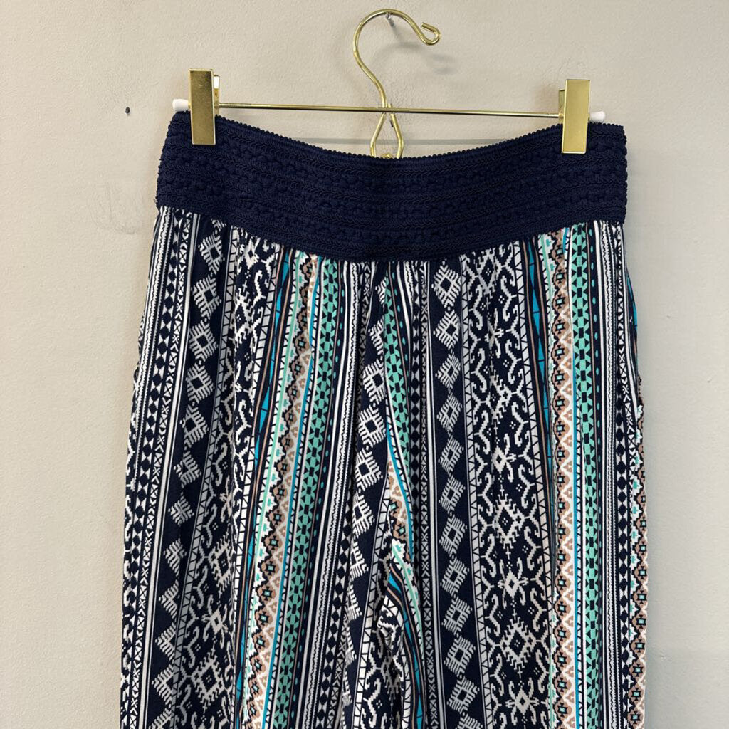 Joe B Navy/ Multi Print Wide Leg Pull On Pants Large