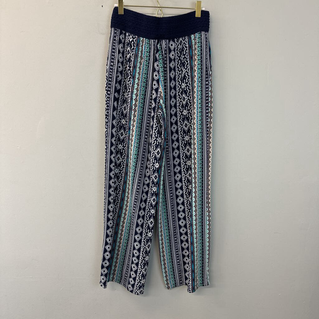 Joe B Navy/ Multi Print Wide Leg Pull On Pants Large