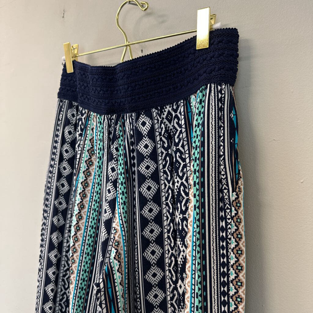 Joe B Navy/ Multi Print Wide Leg Pull On Pants Large