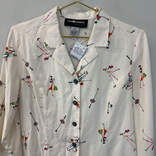 Vintage Sag Harbor Cream Shopping Print Button Down Top 8P