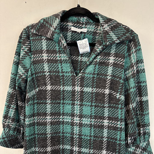 Sandra Darren Grey/ Green Plaid Long Sleeve Dress Small