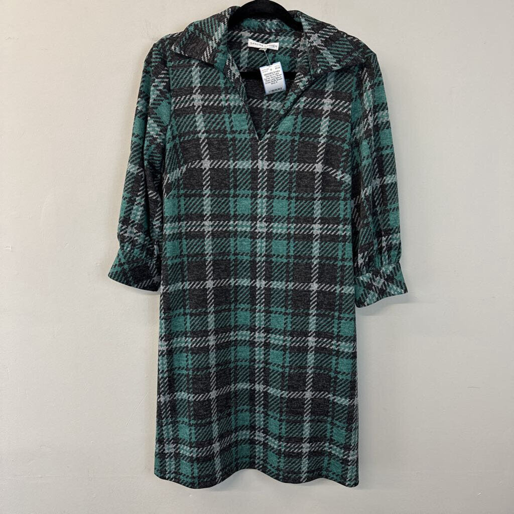 Sandra Darren Grey/ Green Plaid Long Sleeve Dress Small