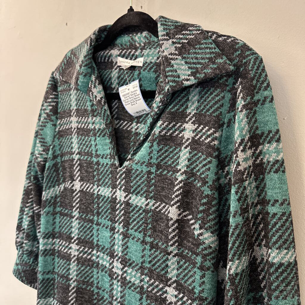 Sandra Darren Grey/ Green Plaid Long Sleeve Dress Small