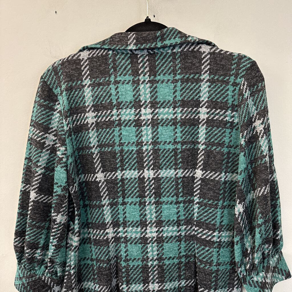 Sandra Darren Grey/ Green Plaid Long Sleeve Dress Small