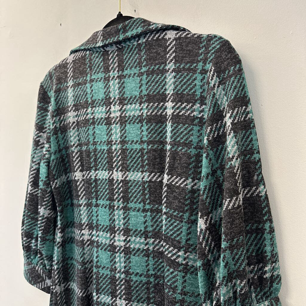 Sandra Darren Grey/ Green Plaid Long Sleeve Dress Small