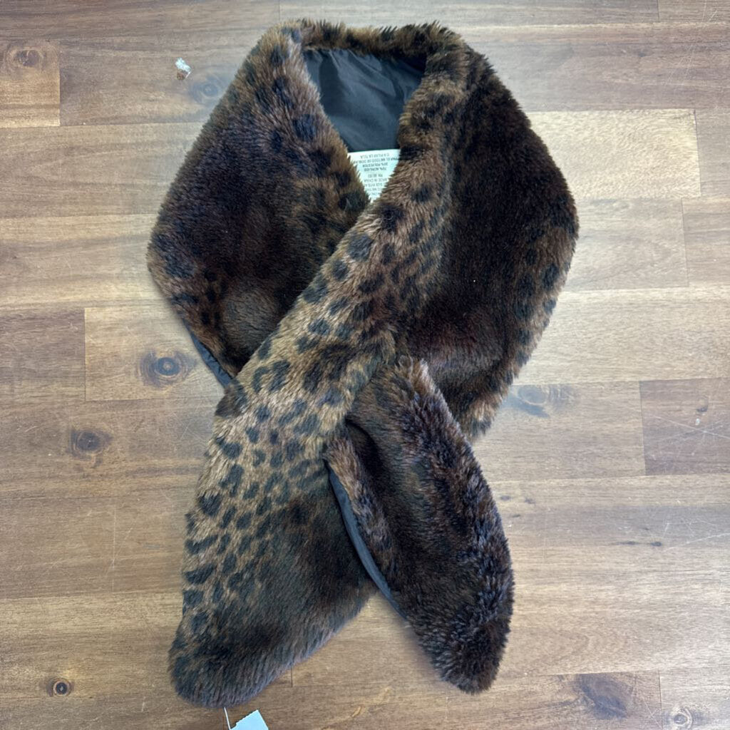 Dark Brown/ Black Leopard Print Faux Fur Wrap Scarf