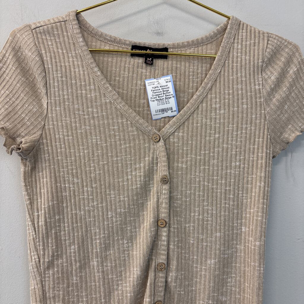 Almost Famous Beige Cropped Button Front Short Sleeve Top Medium