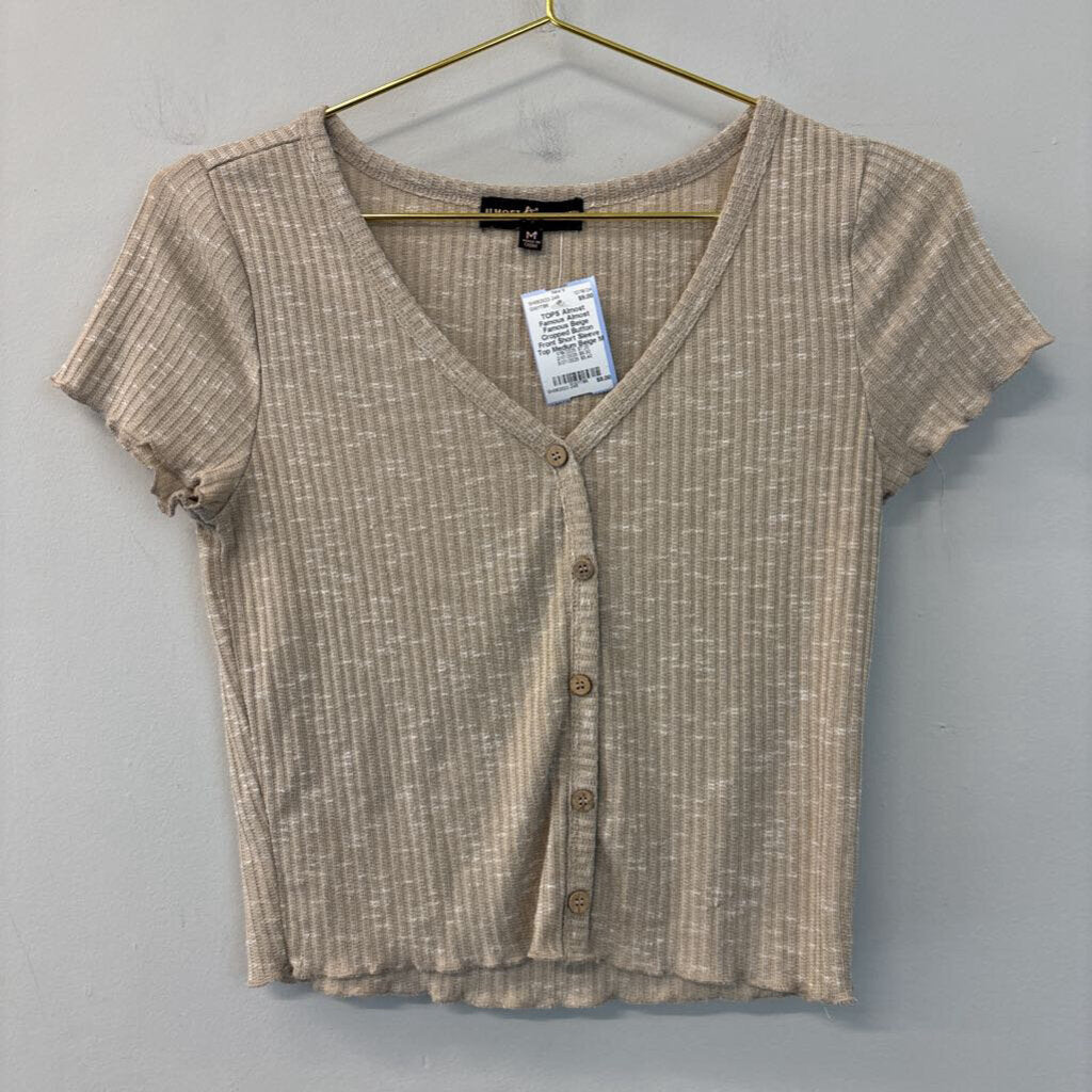 Almost Famous Beige Cropped Button Front Short Sleeve Top Medium