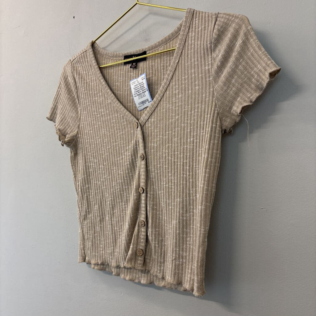 Almost Famous Beige Cropped Button Front Short Sleeve Top Medium