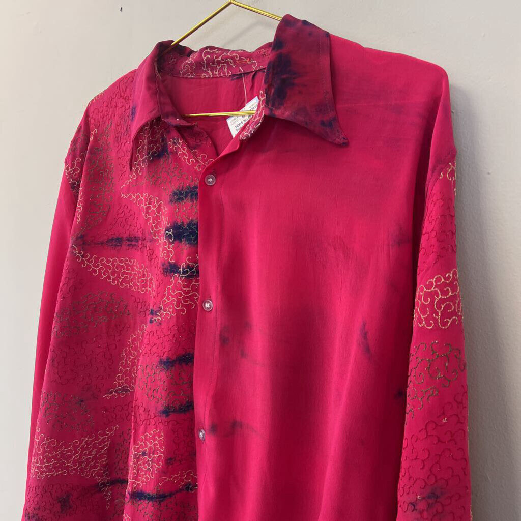 Pink/ Blue/ Gold Long Sleeve Button Down Top Large