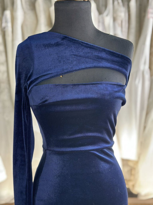 Windsor Navy Velvet Long Sleeve One Shoulder Long Formal Extra Small