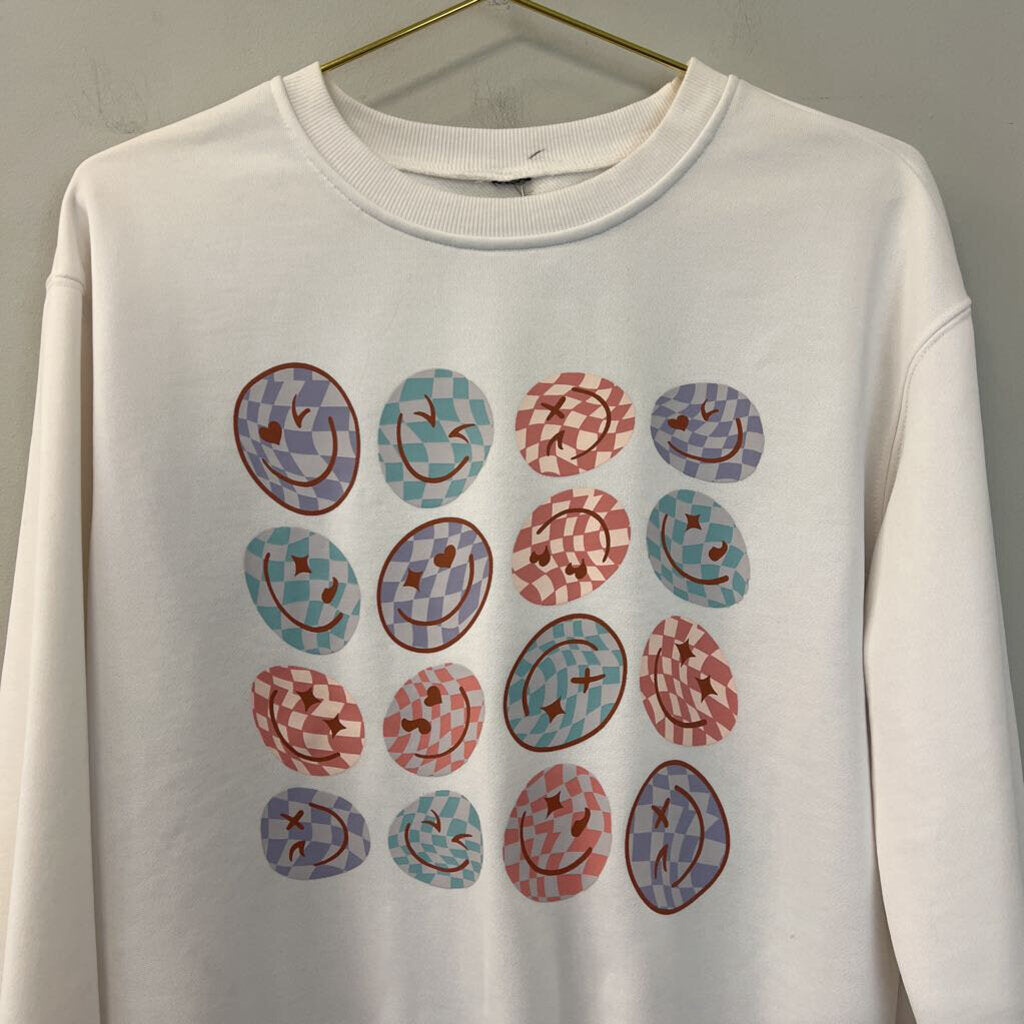 White/ Multi Smiley Face Crewneck Pullover Small