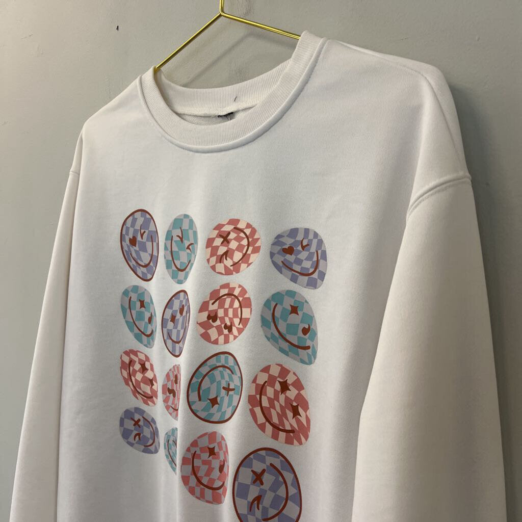 White/ Multi Smiley Face Crewneck Pullover Small