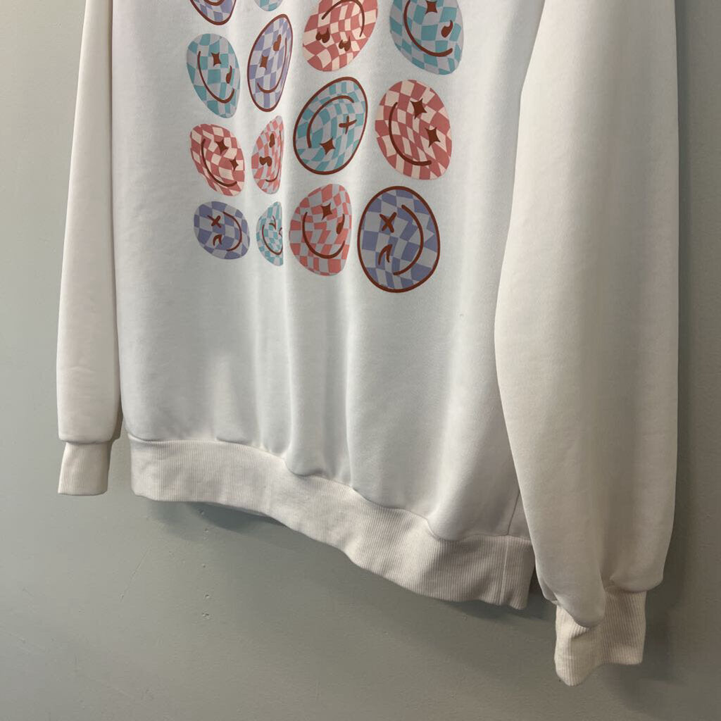 White/ Multi Smiley Face Crewneck Pullover Small